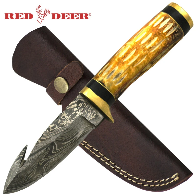 Red Deer Damascus Burnt Bone Hunting Knife